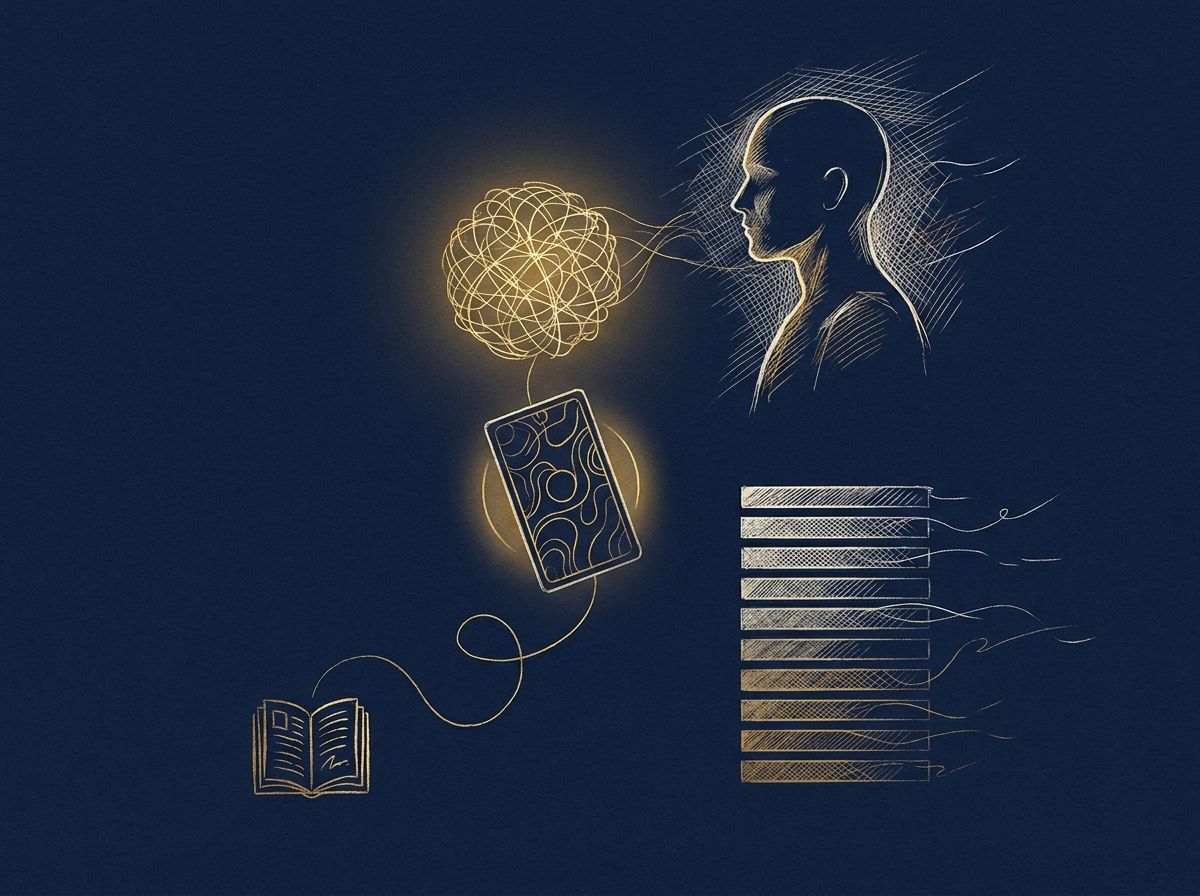 Hand-drawn navy and gold illustration of a glowing knot of light linked to a human profile beside an open book and a padlock, standing in for one trusted AI answer