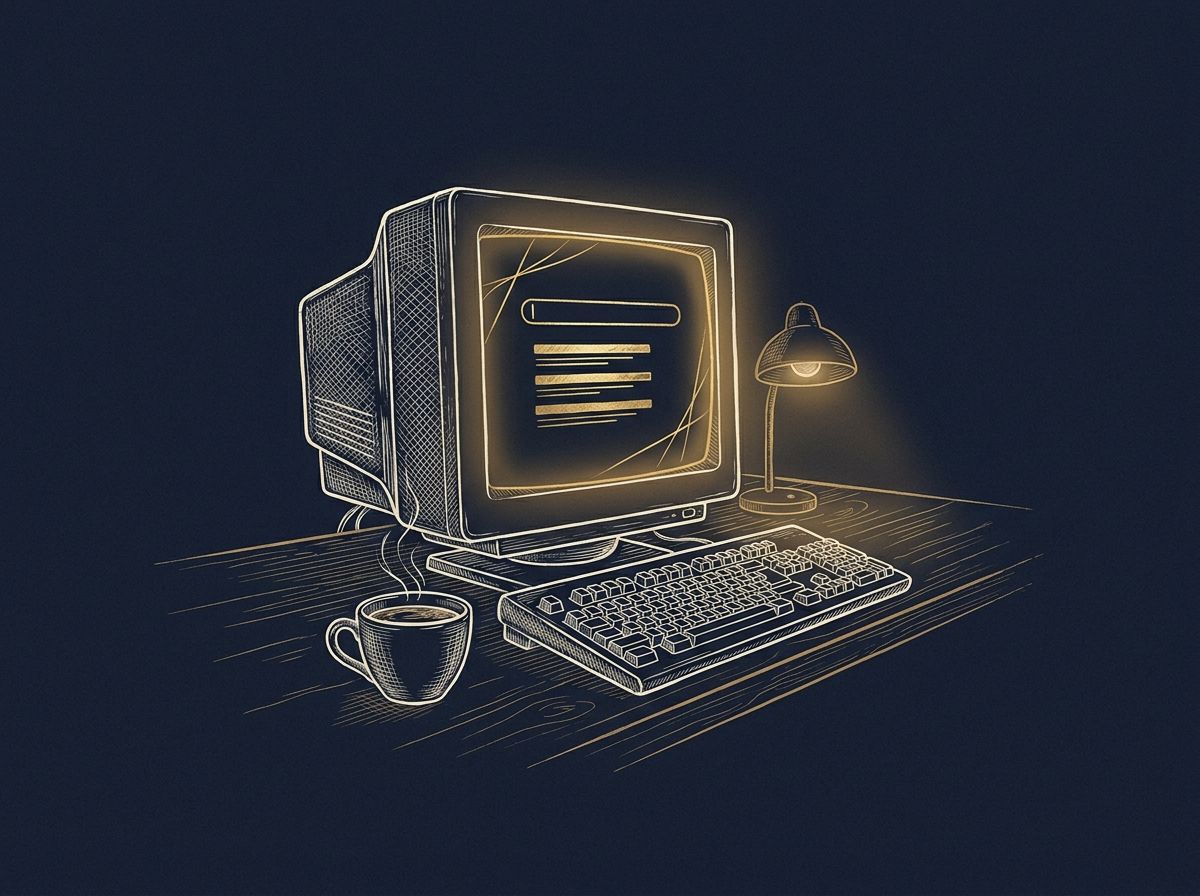 Hand-drawn navy and gold illustration of an old desktop computer glowing with rows of search results on a wooden desk