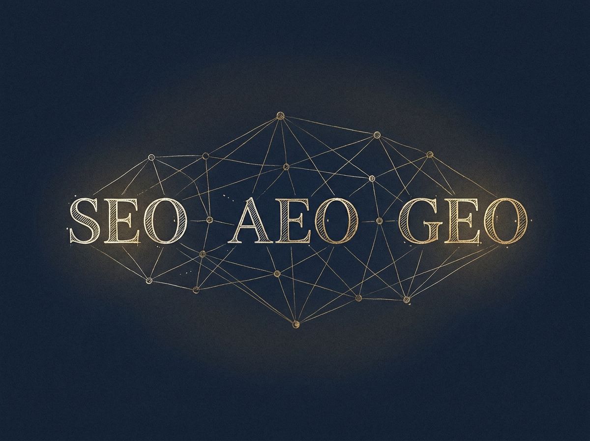 Hand-drawn navy and gold lettering reading SEO, AEO, and GEO