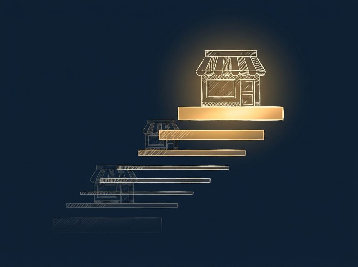 Hand-drawn navy and gold illustration of small storefronts climbing a rising staircase, the topmost shop glowing brightest