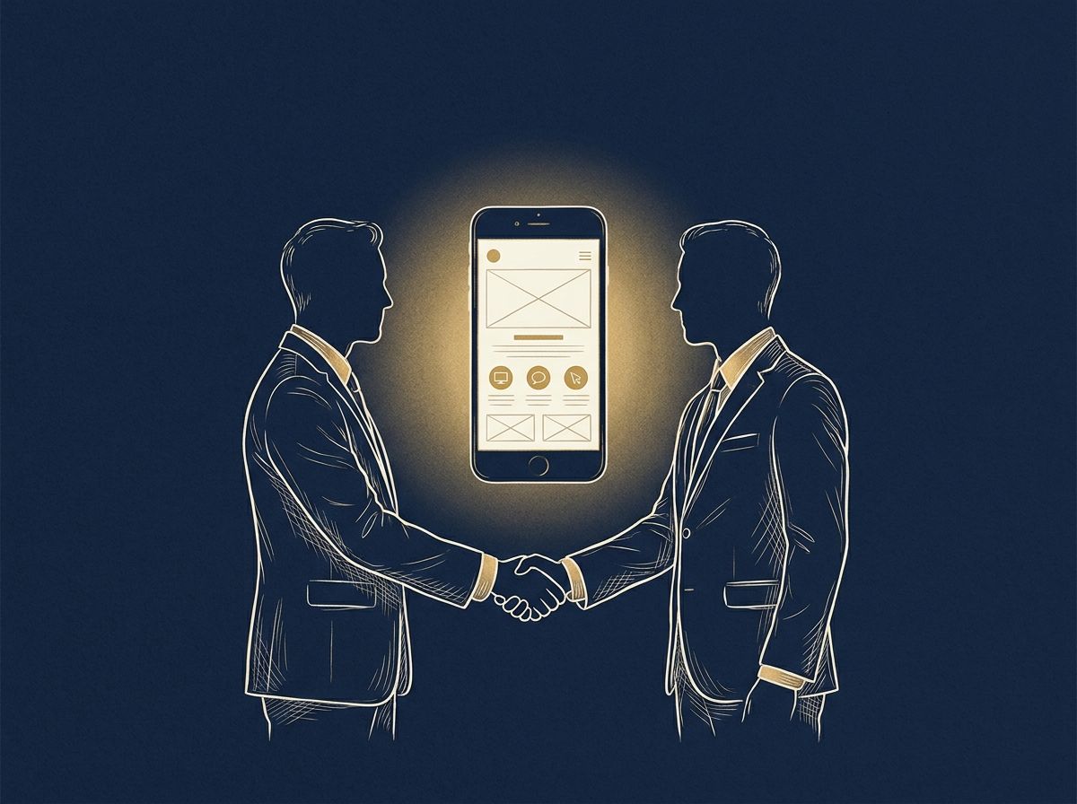 Hand-drawn navy and gold illustration of two people in suits shaking hands beside a glowing phone showing a website