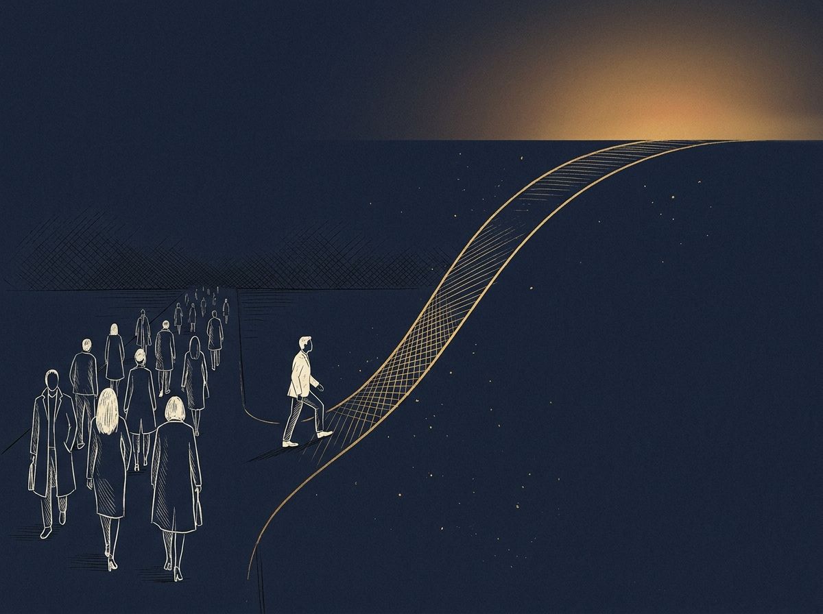 Hand-drawn navy and gold illustration of a lone figure leaving a crowd to walk a glowing golden path toward a bright horizon